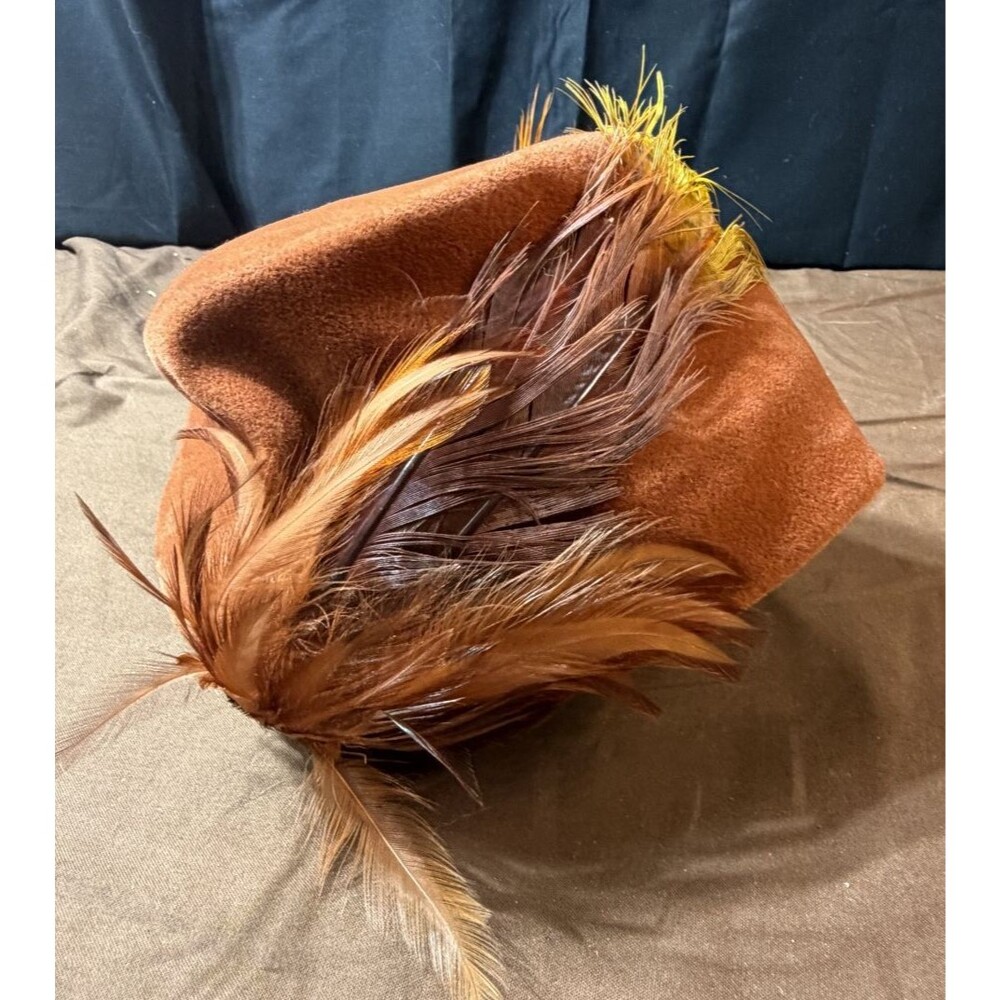 Vintage Ladies Orange Velour Pillbox Hat with Feathers Made in France